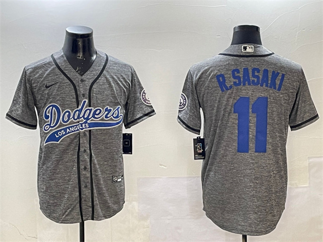 Men's Grey Los Angeles Dodgers #11 Roki Sasaki With Patch Cool Base Stitched Baseball Jersey